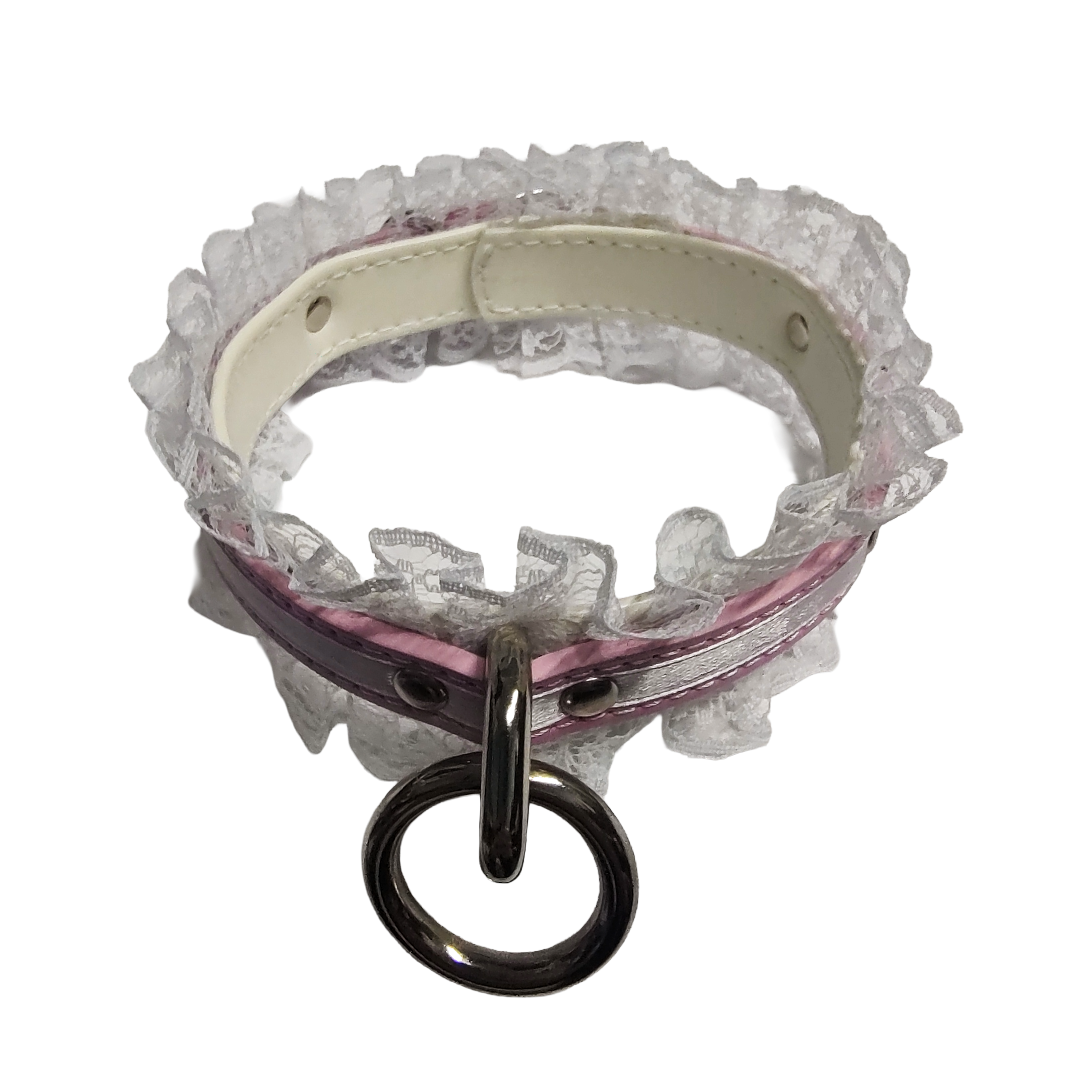 Lucky Star Lace Ring Collar - Faux Leather White and Pink Lace Choker with Halter Ring