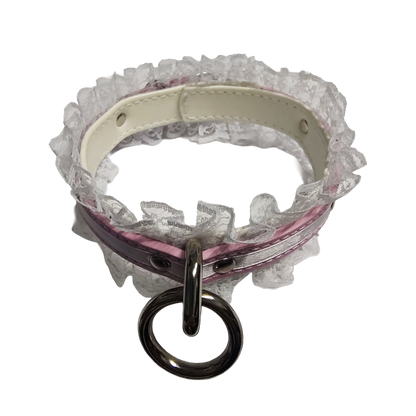 Lucky Star Lace Ring Collar - Faux Leather White and Pink Lace Choker with Halter Ring