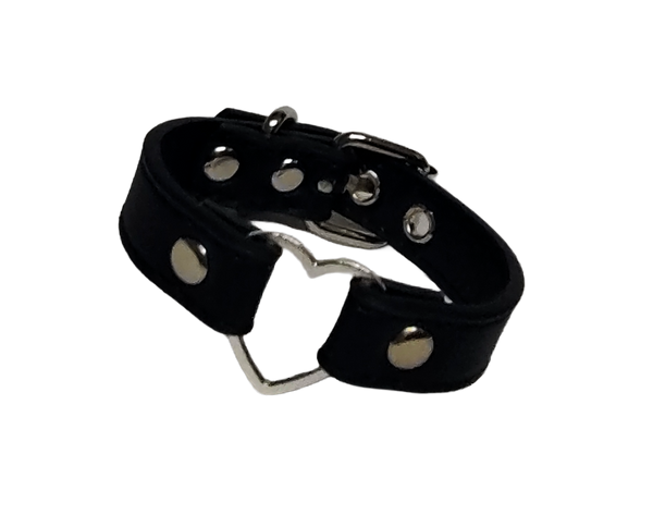 Black faux leather heart ring cuff bracelet front view