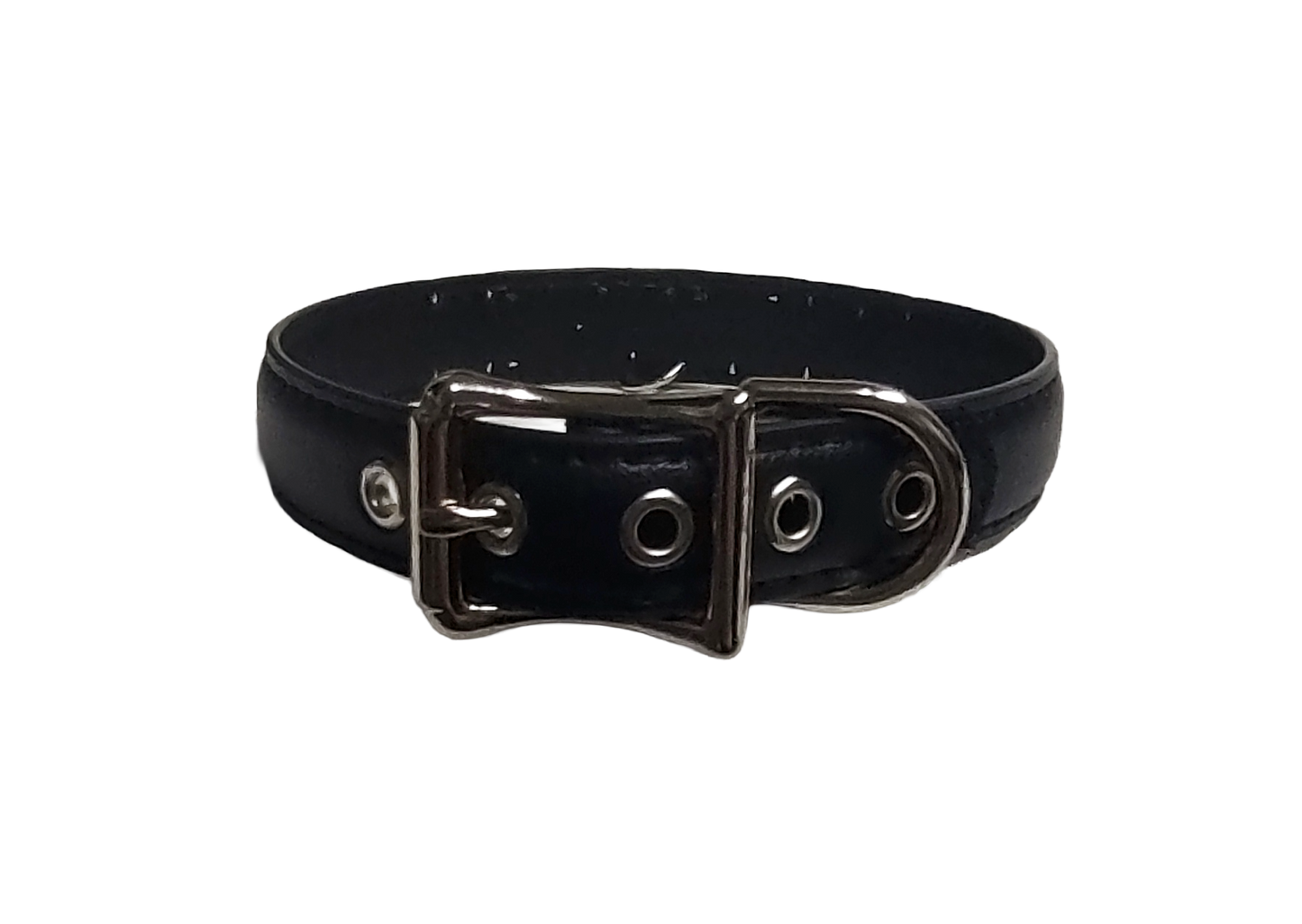 Black faux leather collar with KITTEN letter studs and hanging bell back view