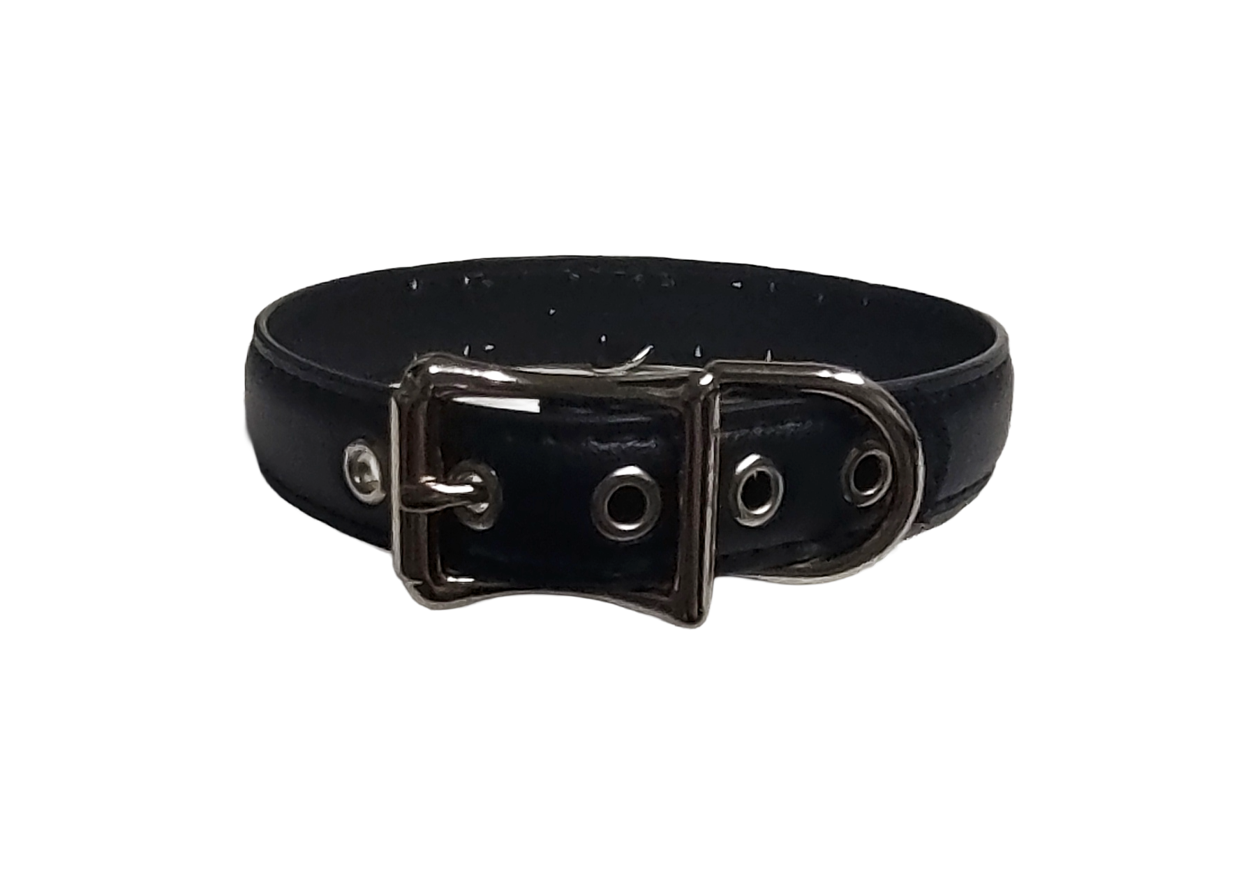 Black faux leather collar with KITTEN letter studs and hanging bell back view