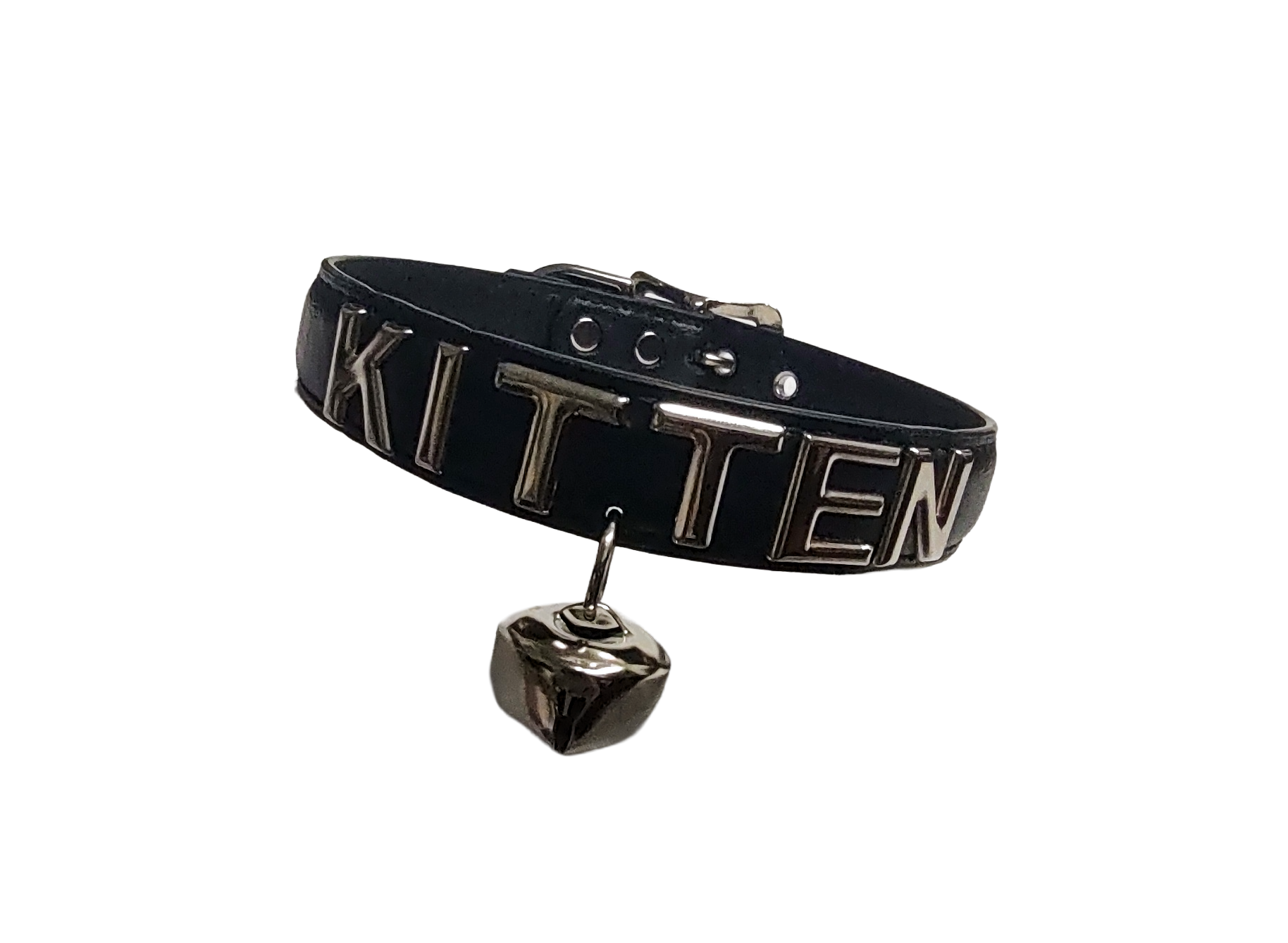 Black faux leather collar with KITTEN letter studs and hanging bell front view