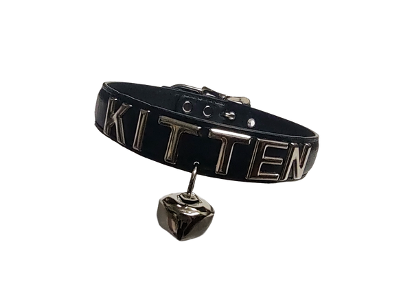 Black faux leather collar with KITTEN letter studs and hanging bell front view