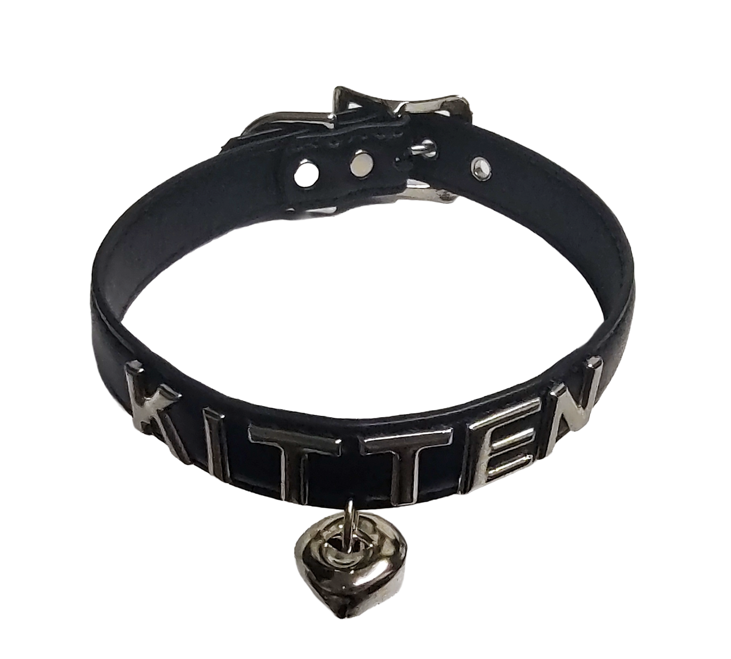 Black faux leather collar with KITTEN letter studs and hanging bell top view