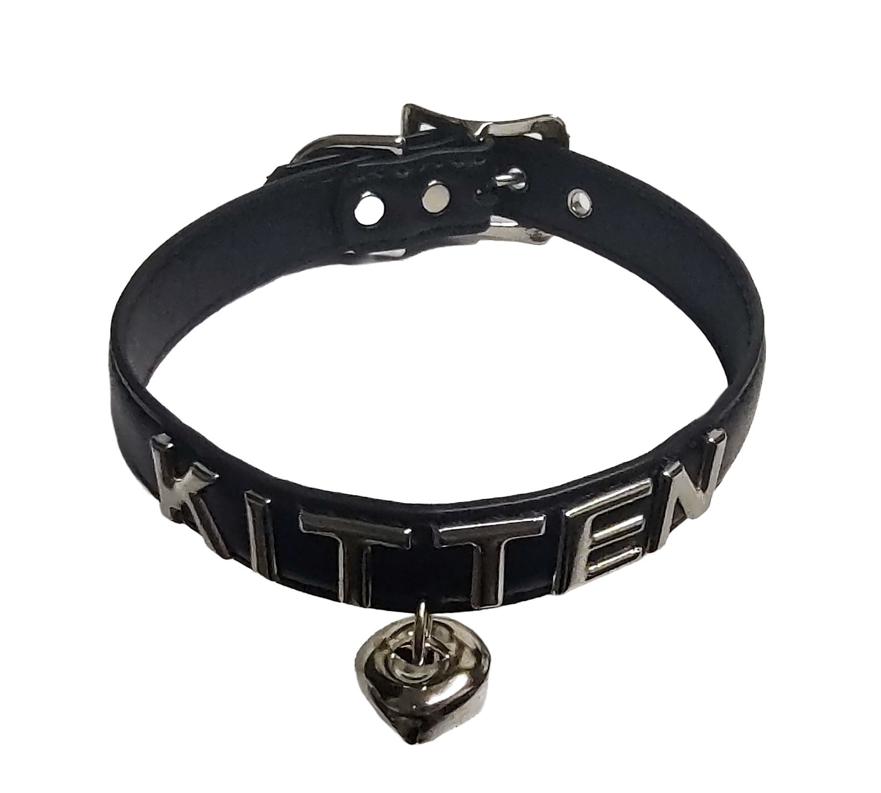 Black faux leather collar with KITTEN letter studs and hanging bell top view