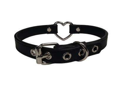 Black faux leather heart ring choker collar back view