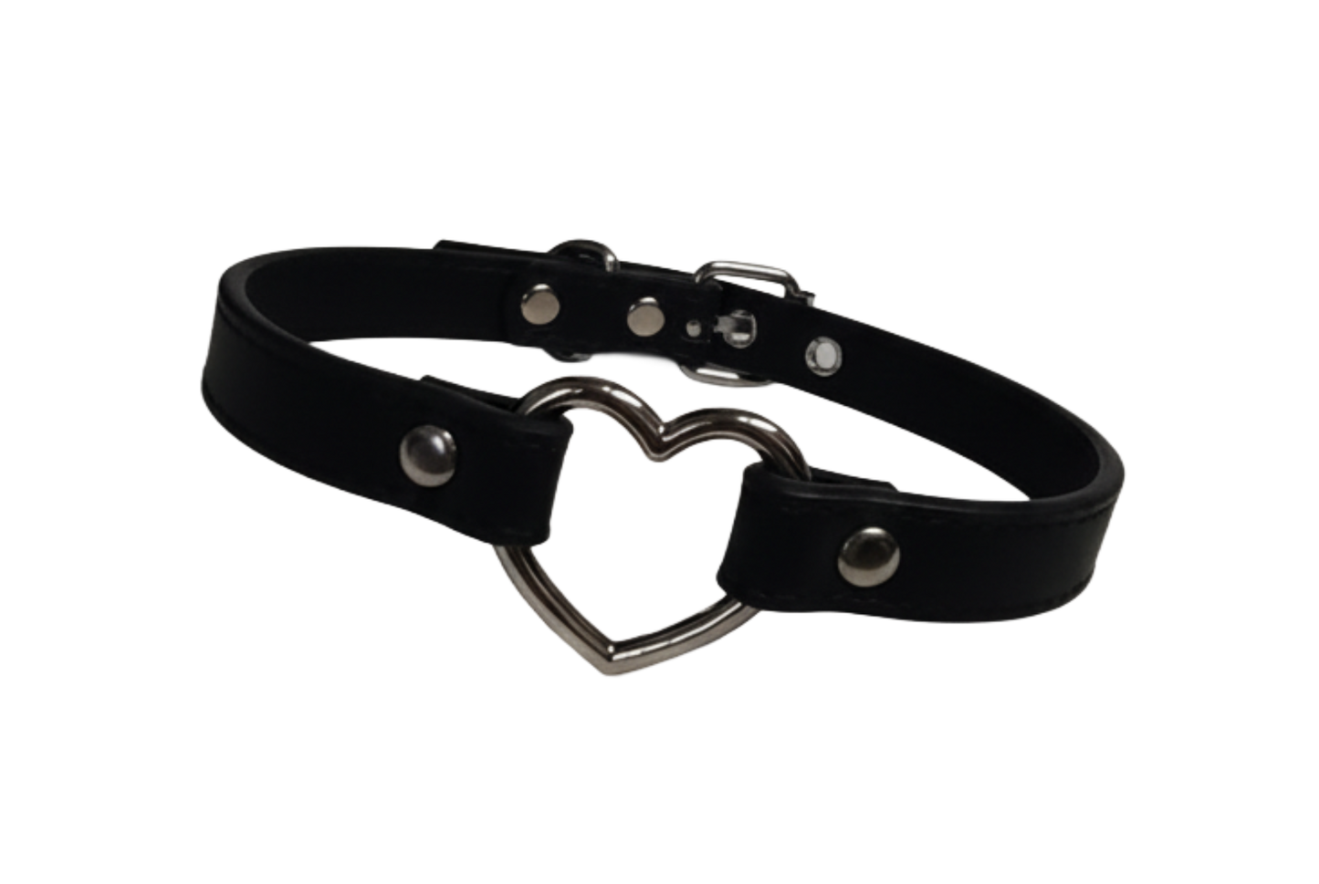 Black faux leather heart ring choker collar front view