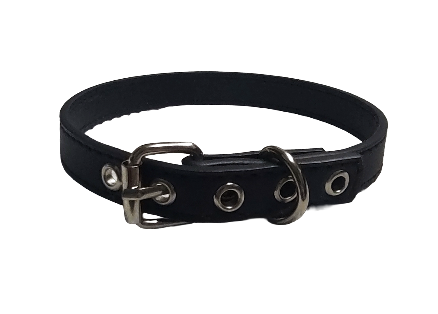 Black faux leather choker collar with buckle and eyelets back view