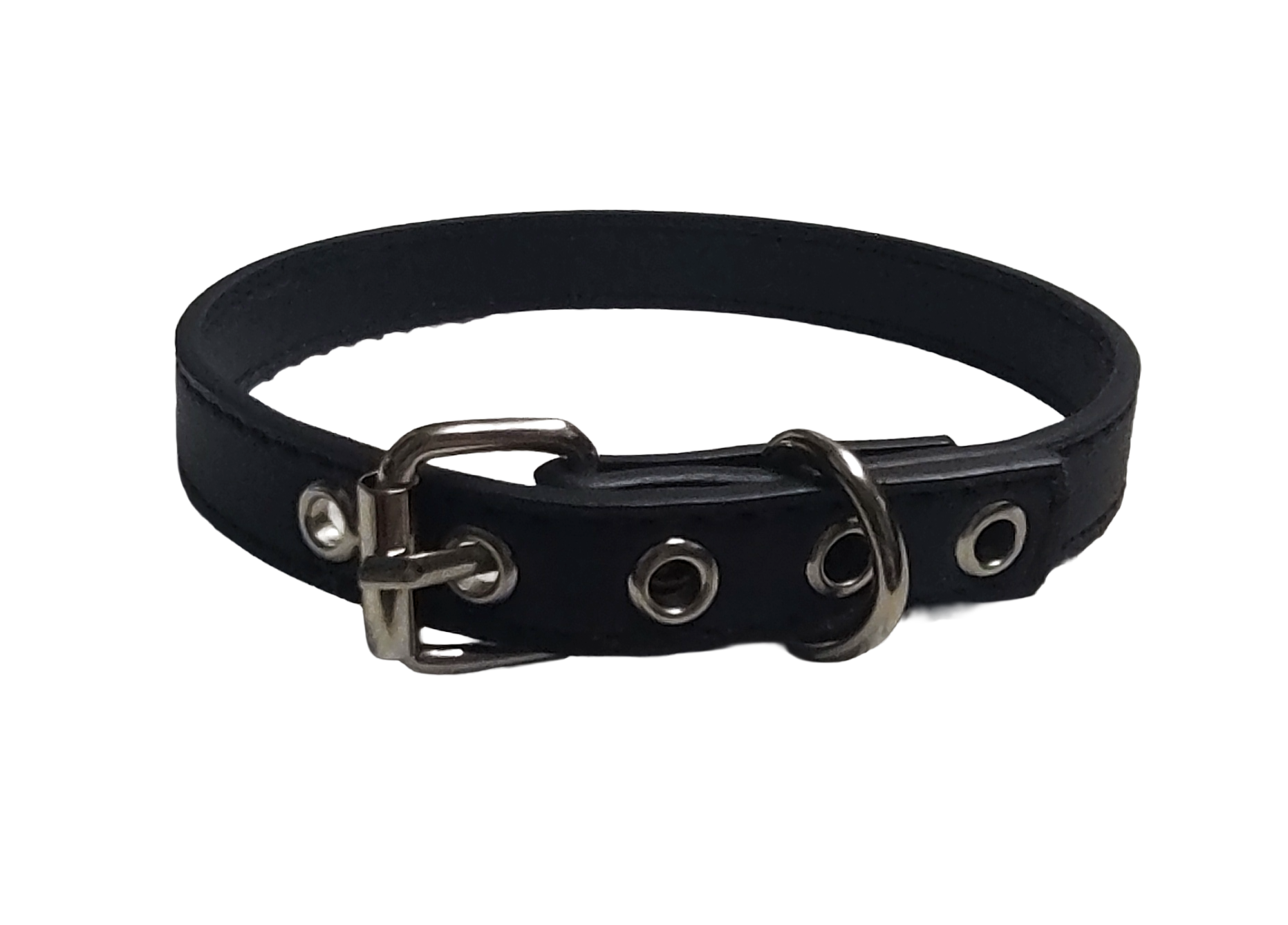 Black faux leather choker collar with buckle and eyelets back view