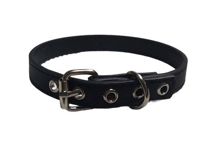 Black faux leather choker collar with buckle and eyelets back view