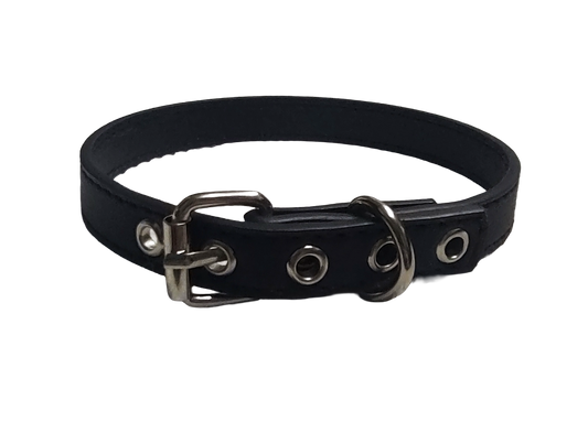 Black faux leather choker collar with buckle and eyelets back view