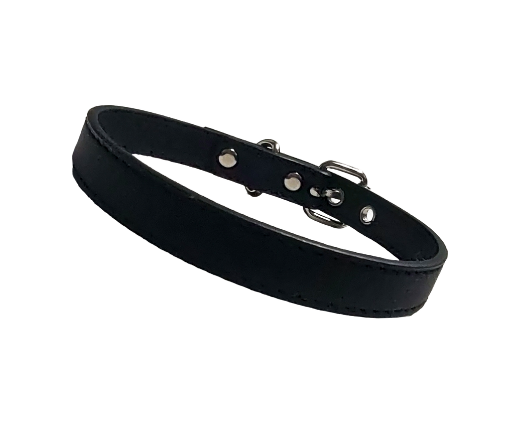 Black faux leather choker collar with buckle and eyelets front view