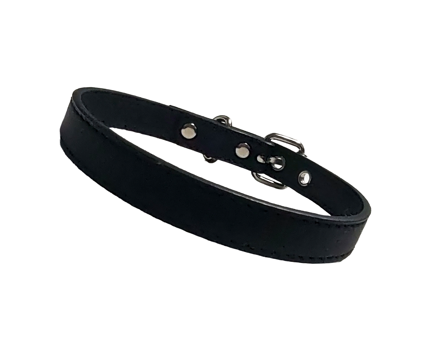 Black faux leather choker collar with buckle and eyelets front view