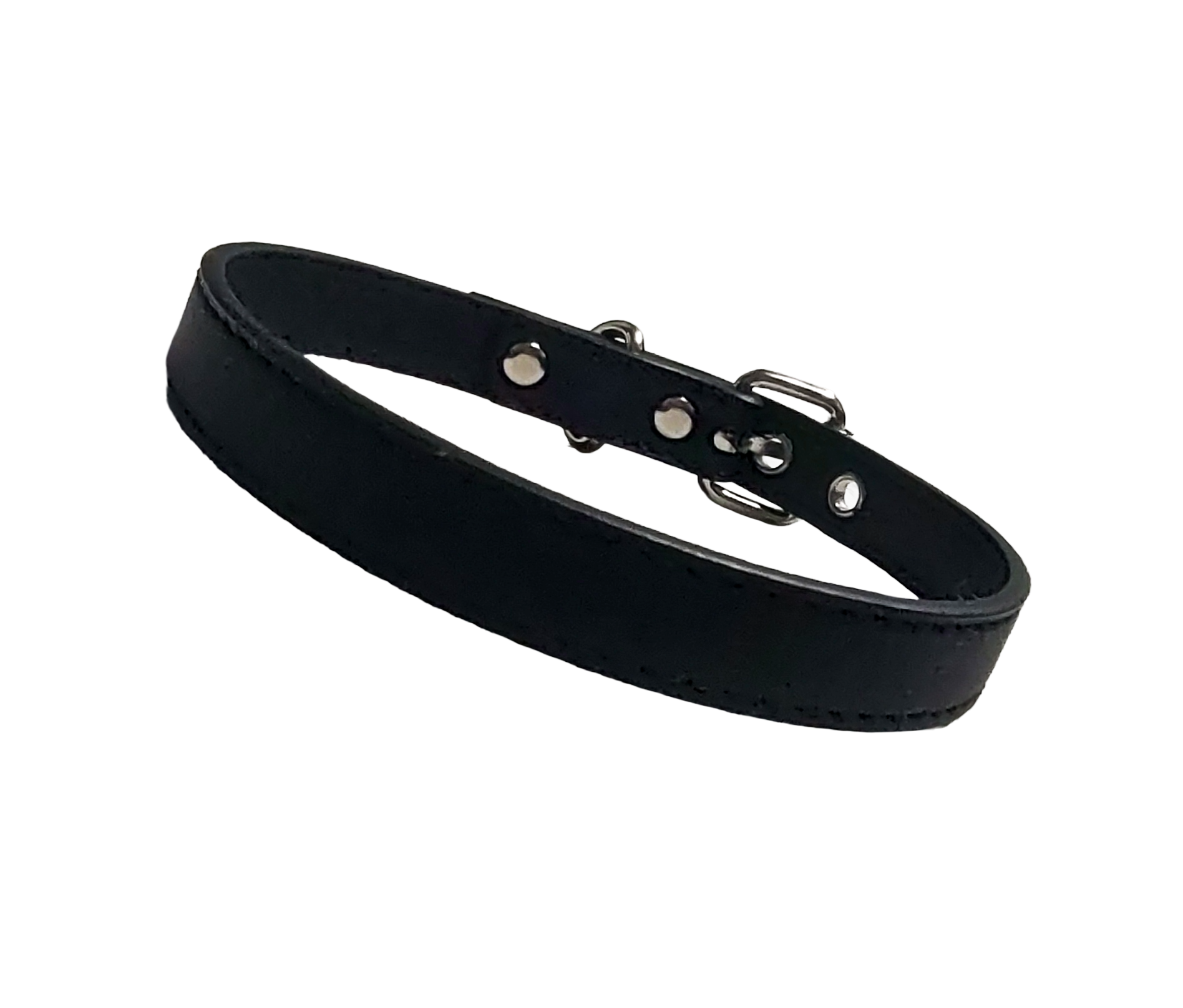 Black faux leather choker collar with buckle and eyelets front view