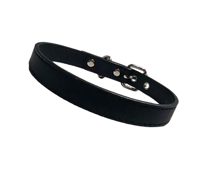 Black faux leather choker collar with buckle and eyelets front view