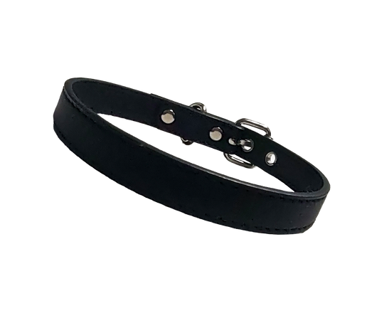 Black faux leather choker collar with buckle and eyelets front view
