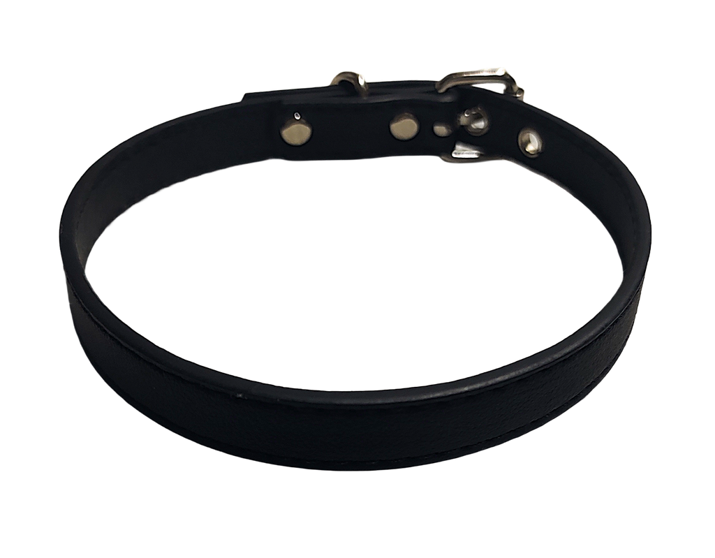 Black faux leather choker collar with buckle and eyelets top view