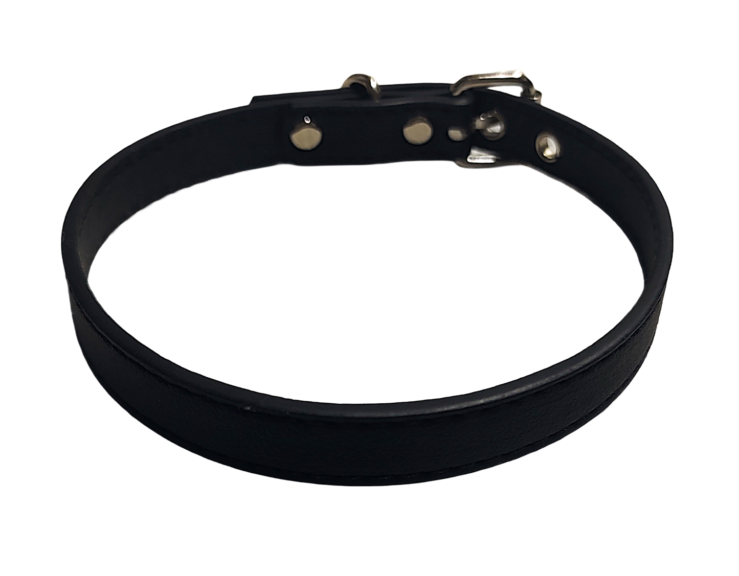 Black faux leather choker collar with buckle and eyelets top view