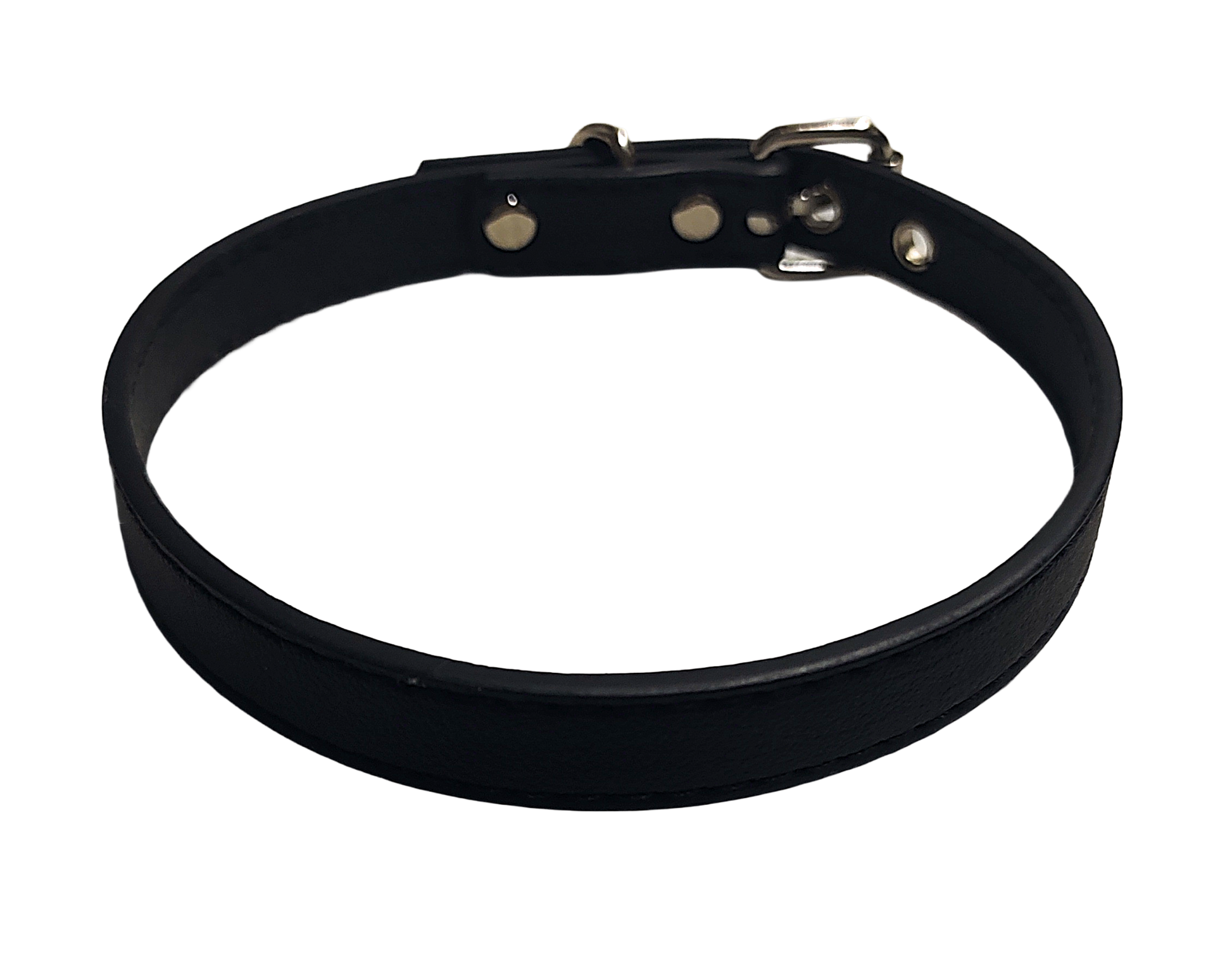 Black faux leather choker collar with buckle and eyelets top view