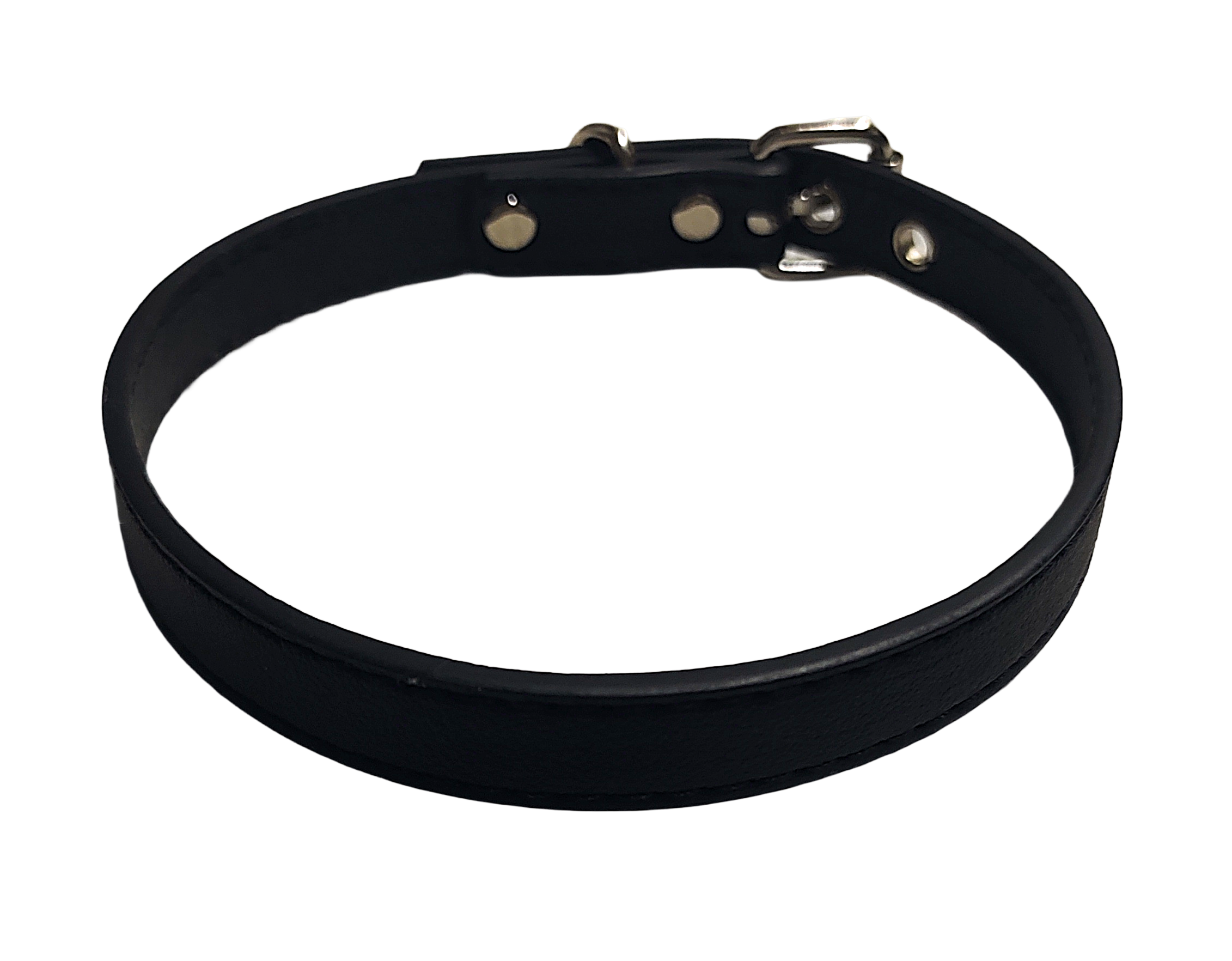 Black faux leather choker collar with buckle and eyelets top view