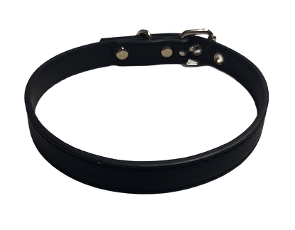 Black faux leather choker collar with buckle and eyelets top view