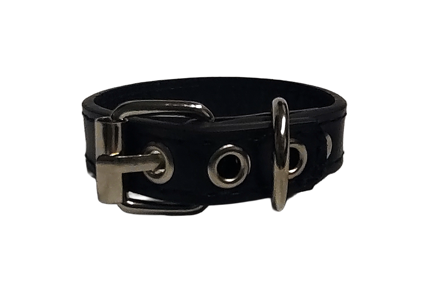 Black faux leather cuff bracelet with buckle and eyelets back view