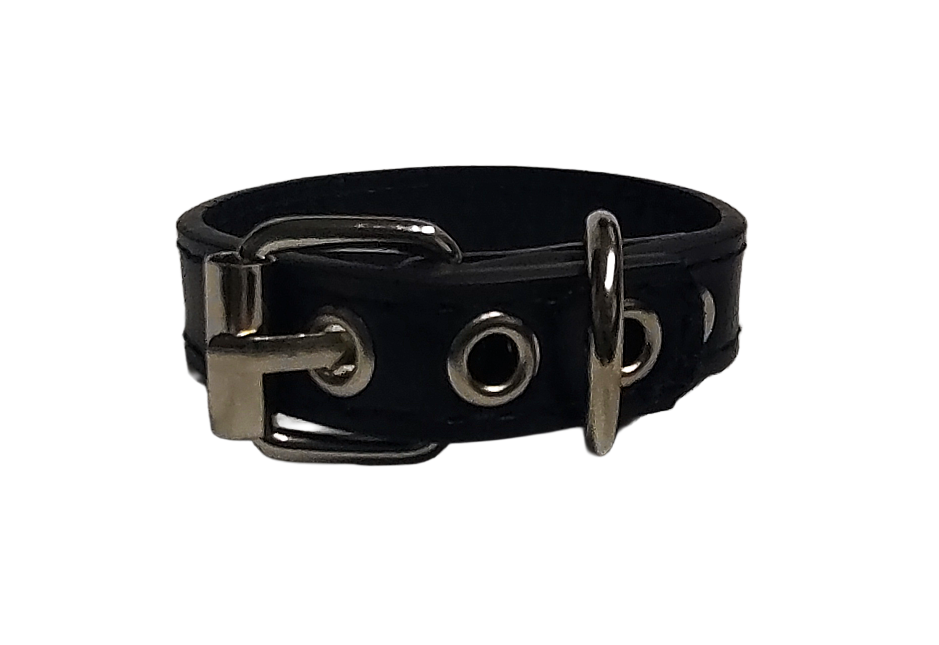 Black faux leather cuff bracelet with buckle and eyelets back view