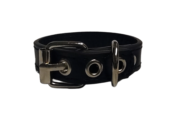 Black faux leather cuff bracelet with buckle and eyelets back view