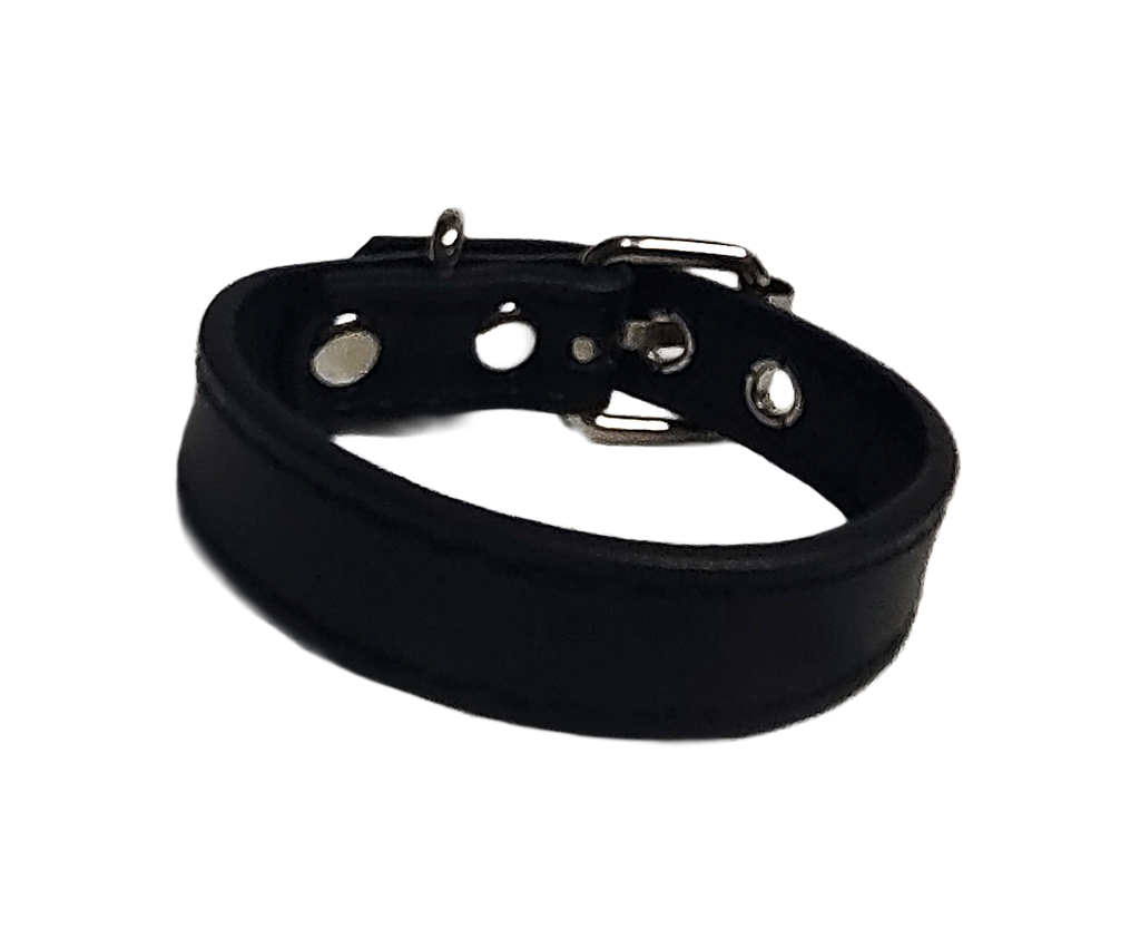 Black faux leather cuff bracelet with buckle and eyelets front view