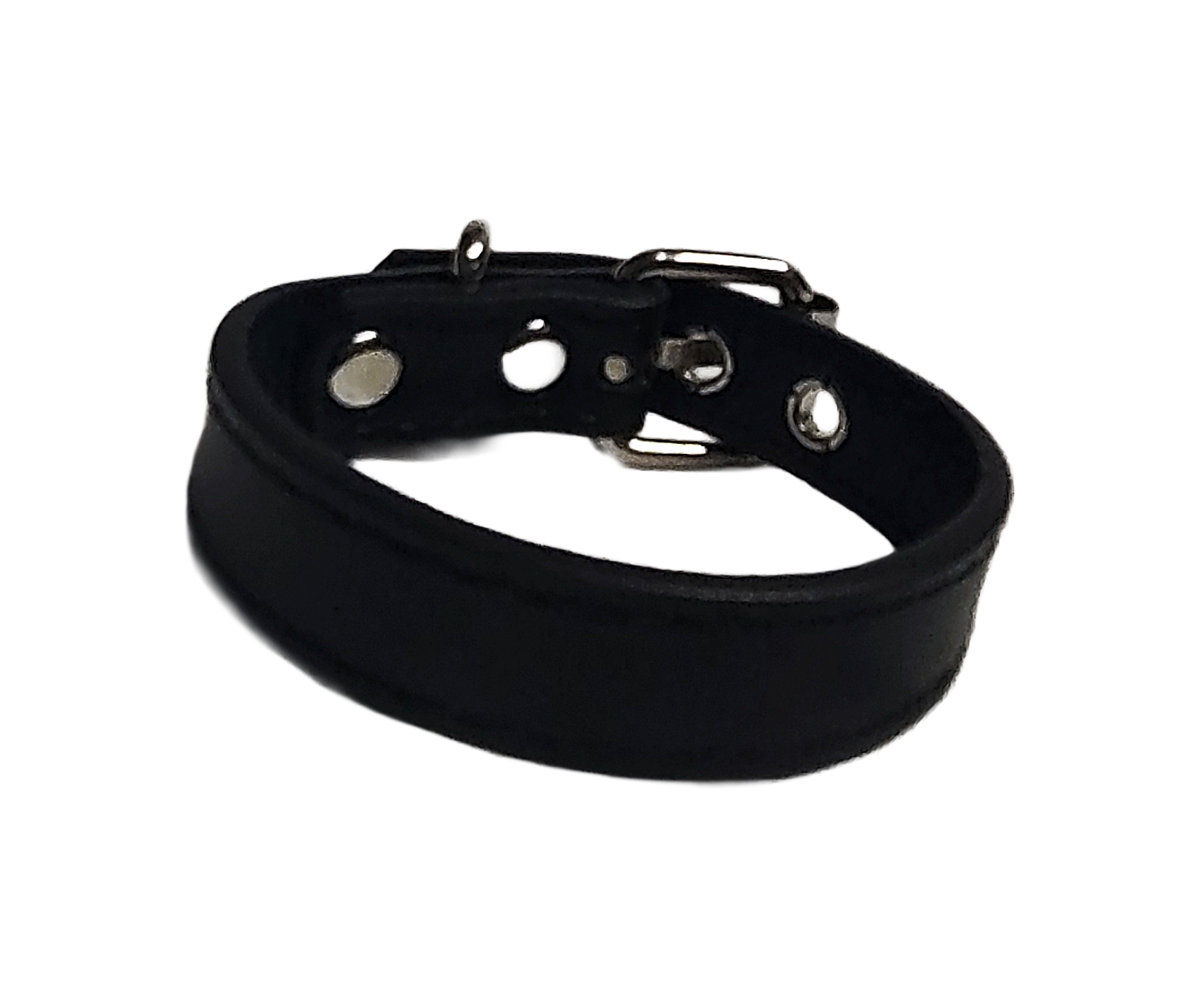 Black faux leather cuff bracelet with buckle and eyelets front view