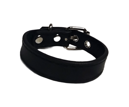 Black faux leather cuff bracelet with buckle and eyelets front view