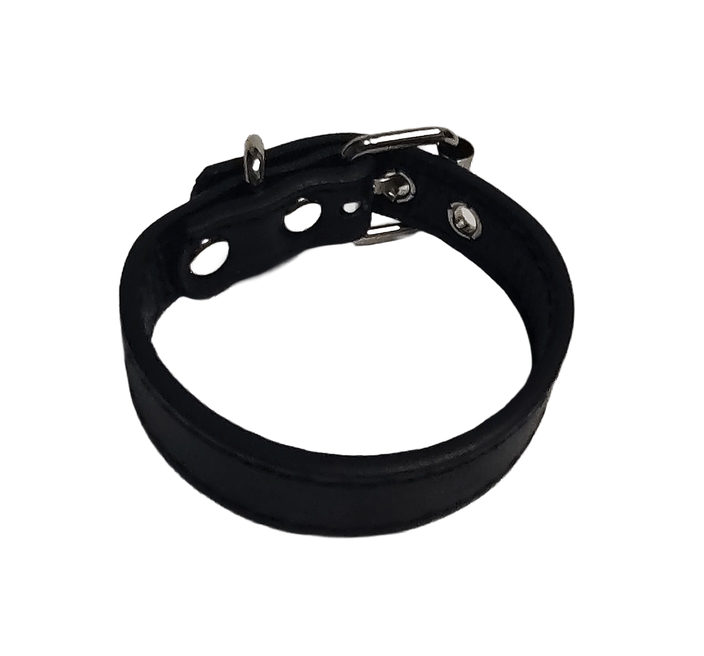 Black faux leather cuff bracelet with buckle and eyelets top view