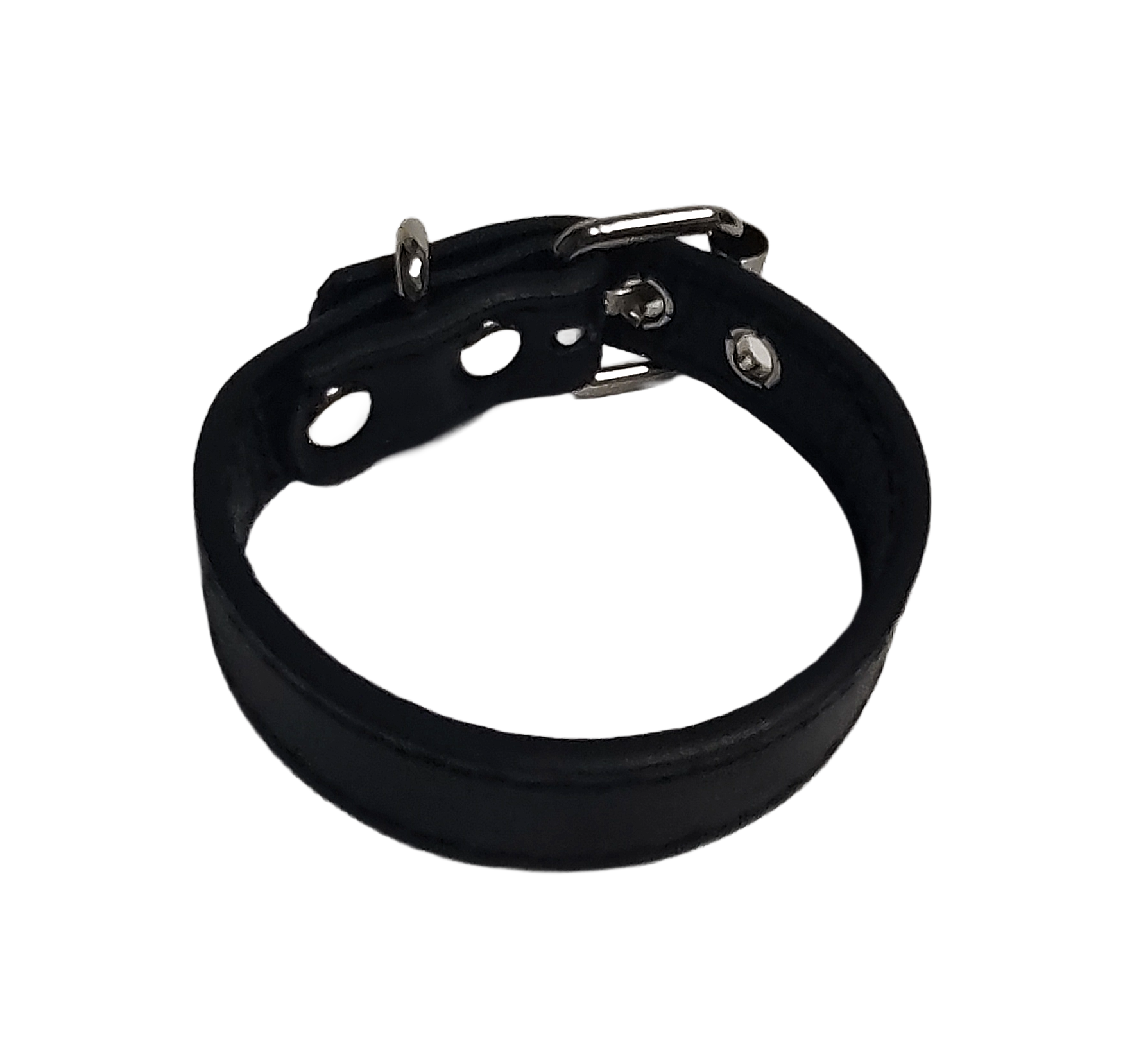 Black faux leather cuff bracelet with buckle and eyelets top view