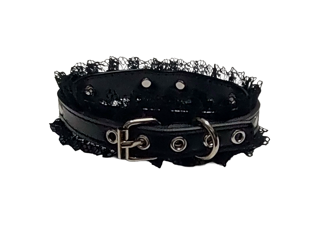 Black faux leather collar with black lace and halter ring back view