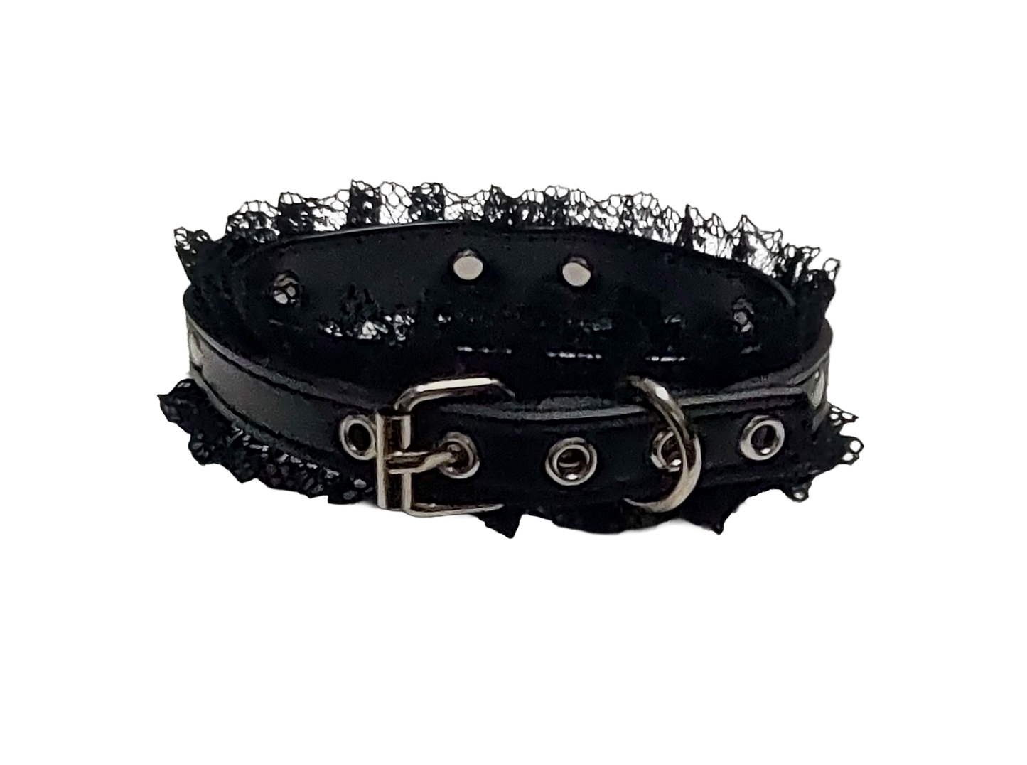 Black faux leather collar with black lace and halter ring back view