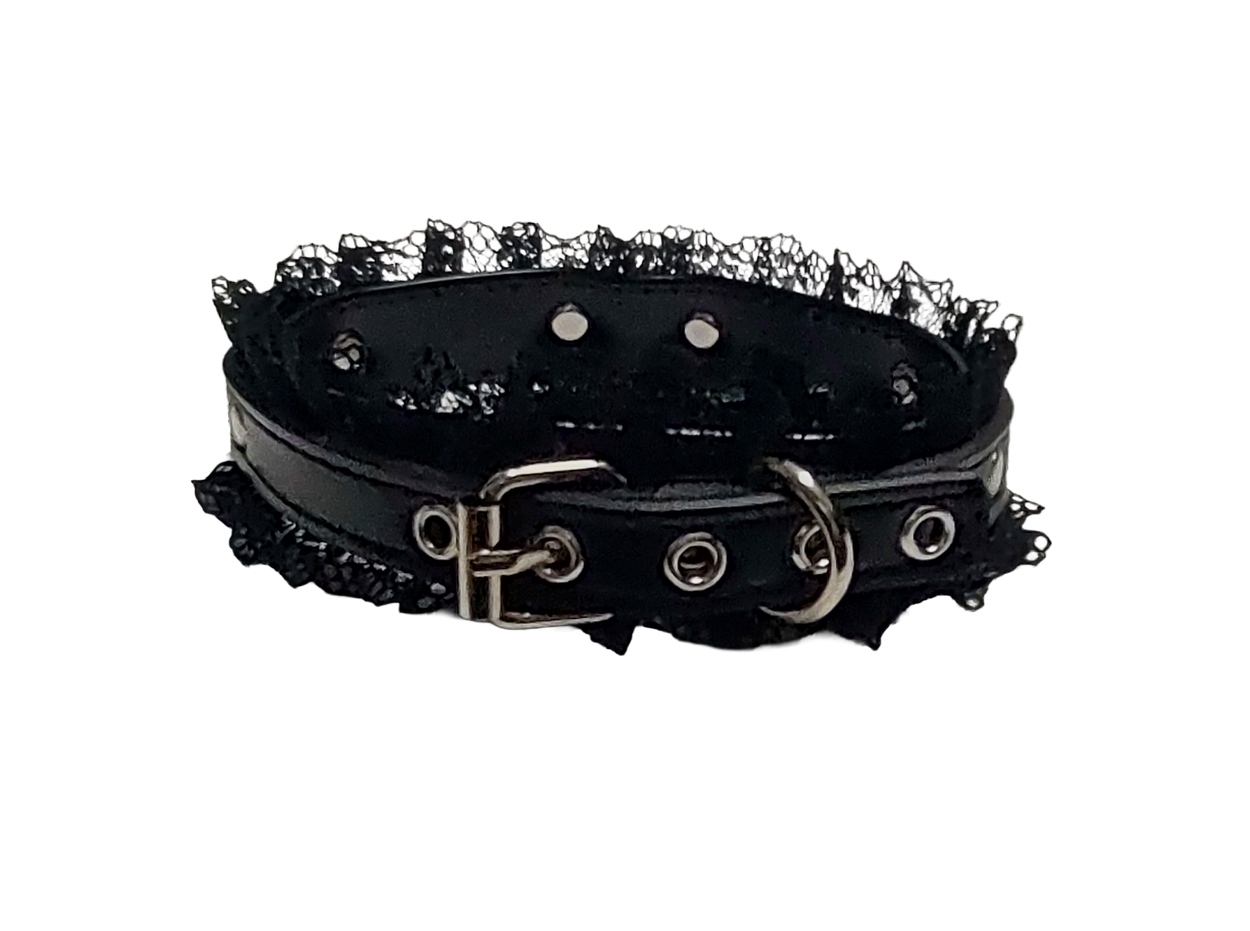 Black faux leather collar with black lace and halter ring back view