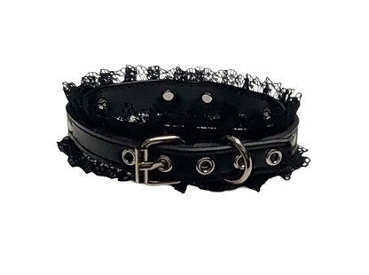 Black faux leather collar with black lace and halter ring back view