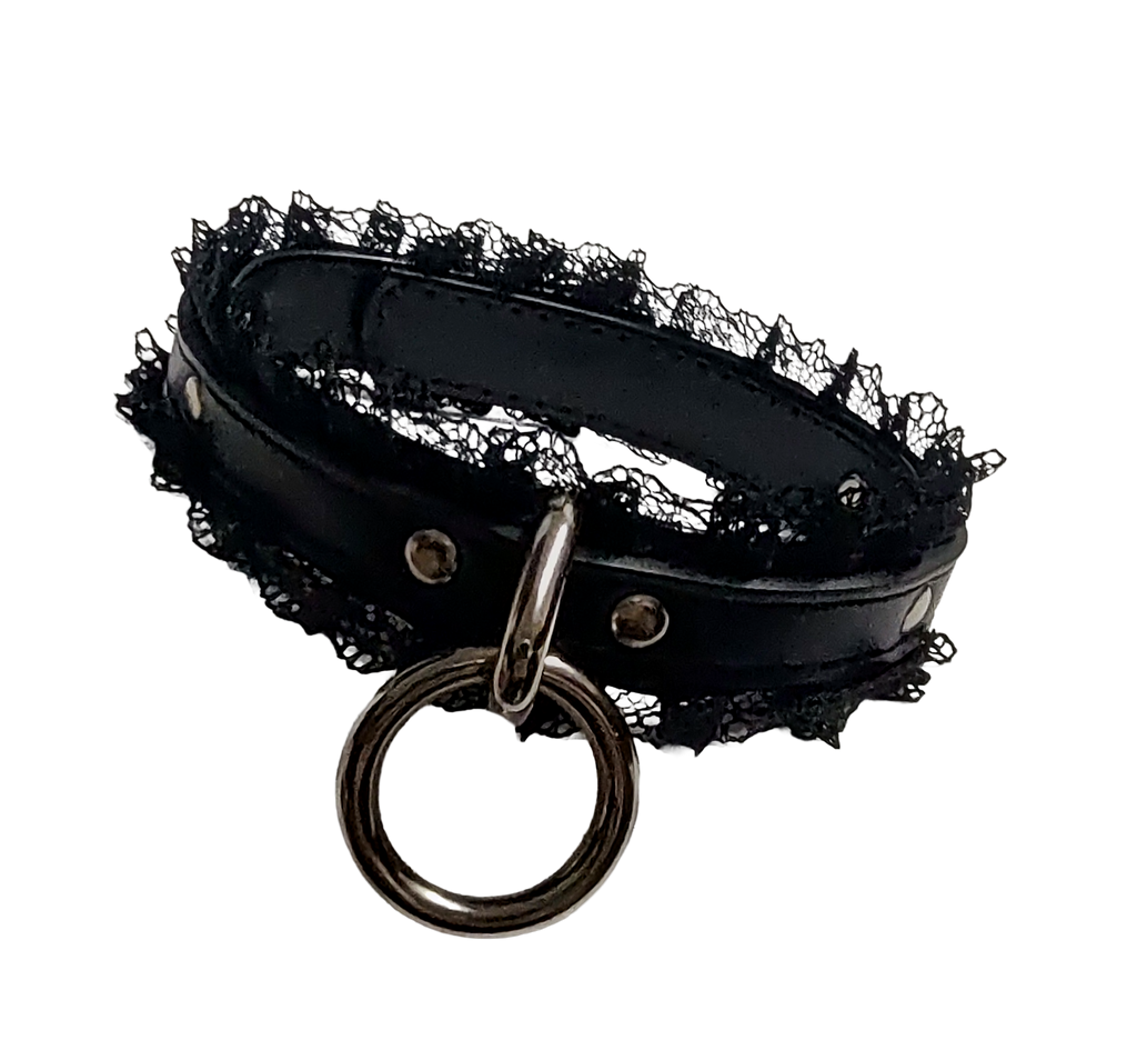 Black faux leather collar with black lace and halter ring front view
