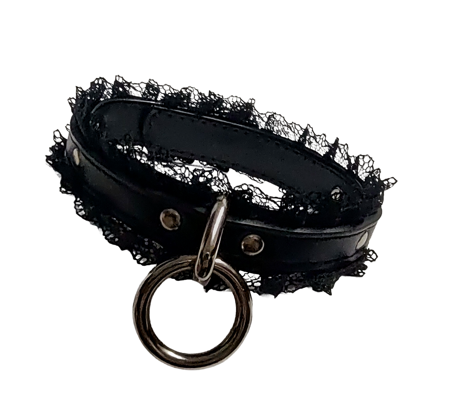 Black faux leather collar with black lace and halter ring front view