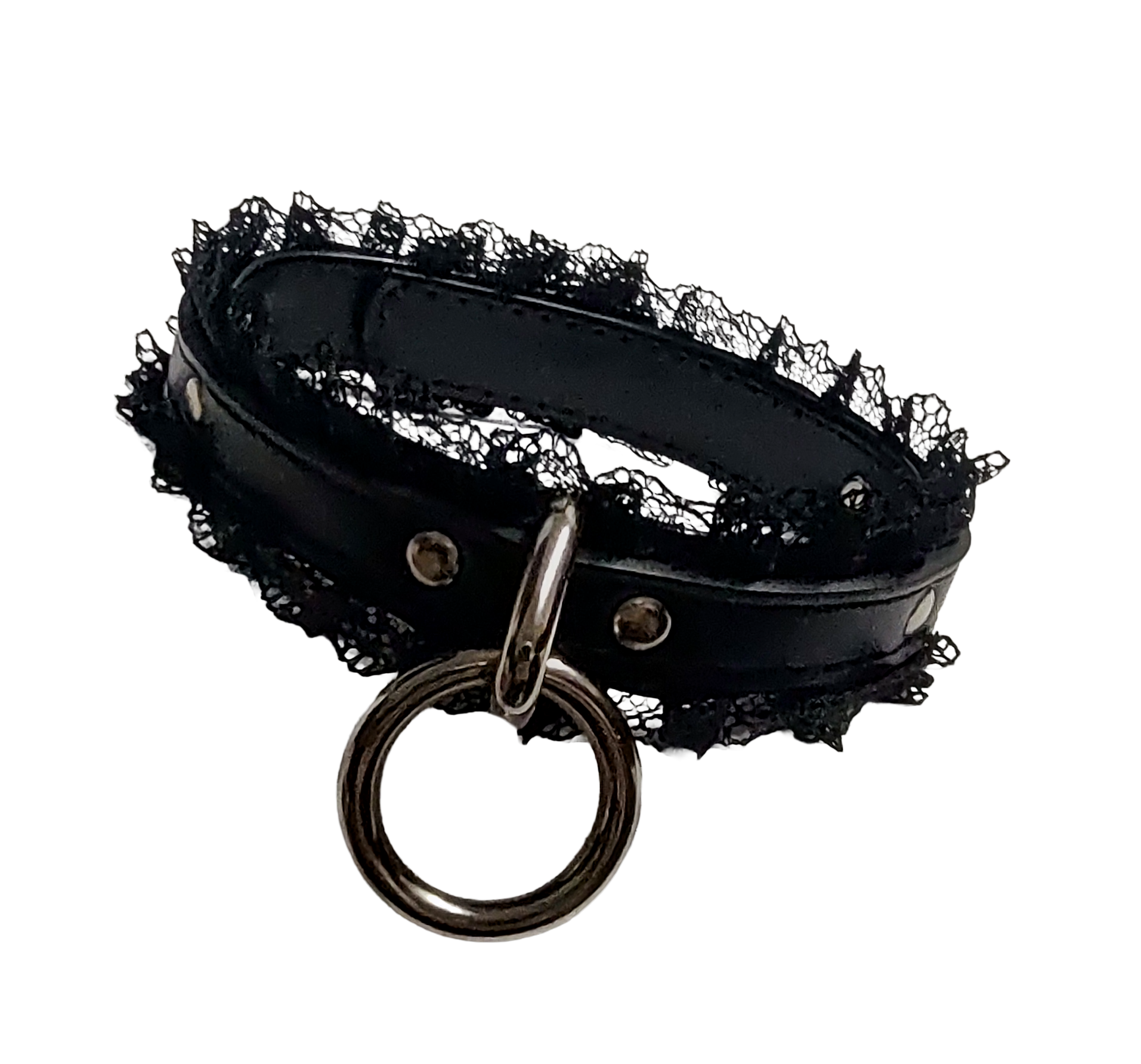 Black faux leather collar with black lace and halter ring front view