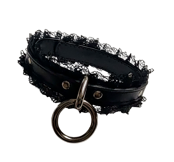 Black faux leather collar with black lace and halter ring front view