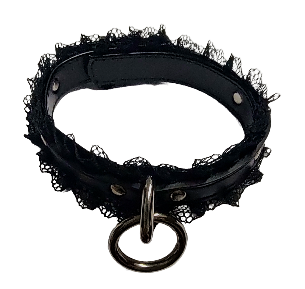 Black faux leather collar with black lace and halter ring Top view