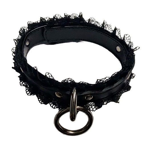 Black faux leather collar with black lace and halter ring Top view