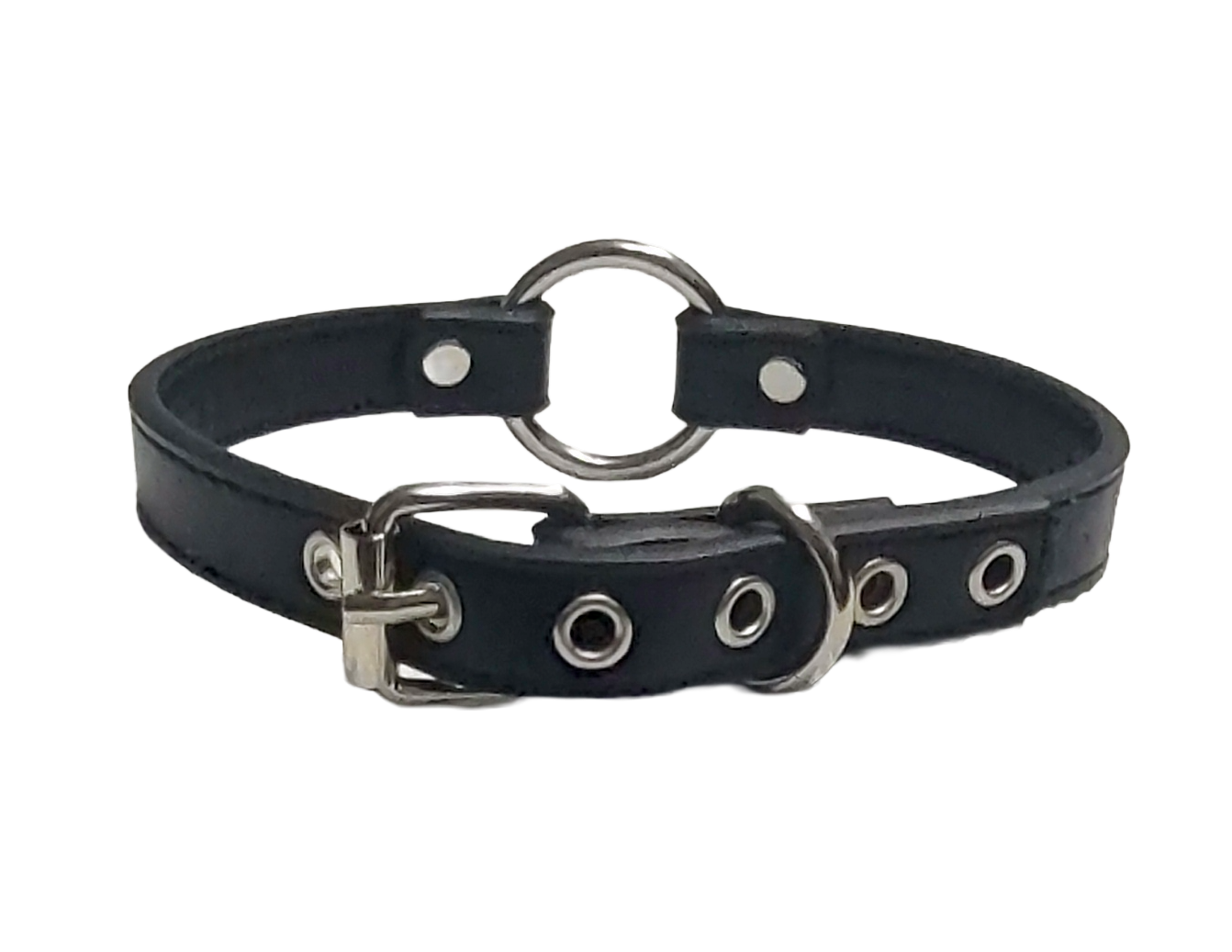 Black faux leather choker with metal ring on a white background back view