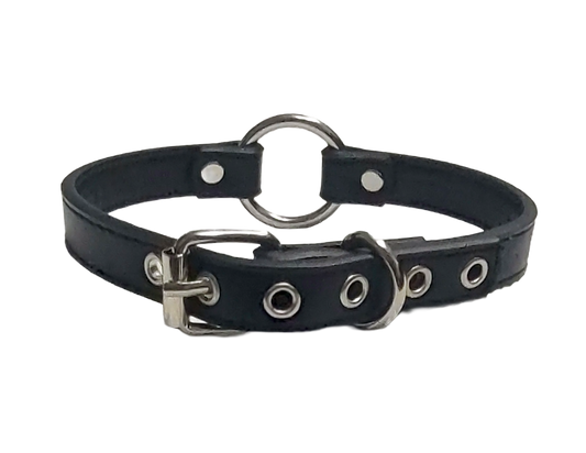 Black faux leather choker with metal ring on a white background back view