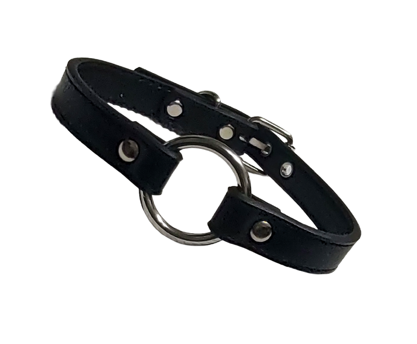 Black faux leather collar with metal ring on a white background