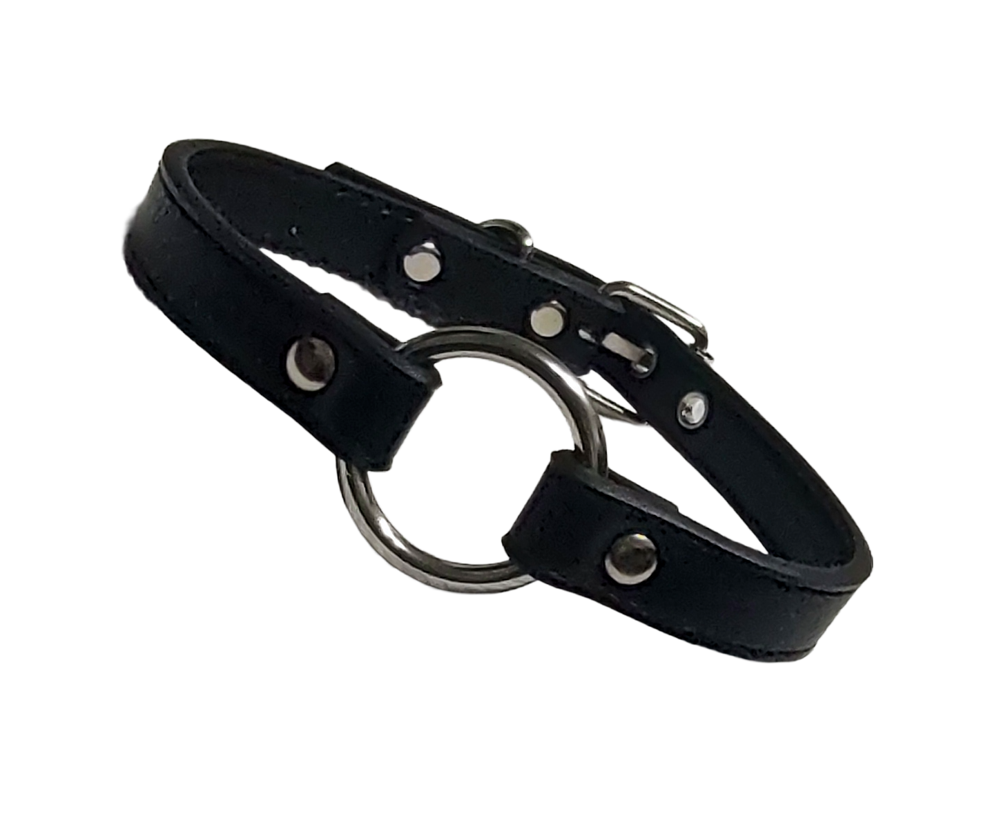 Black faux leather collar with metal ring on a white background