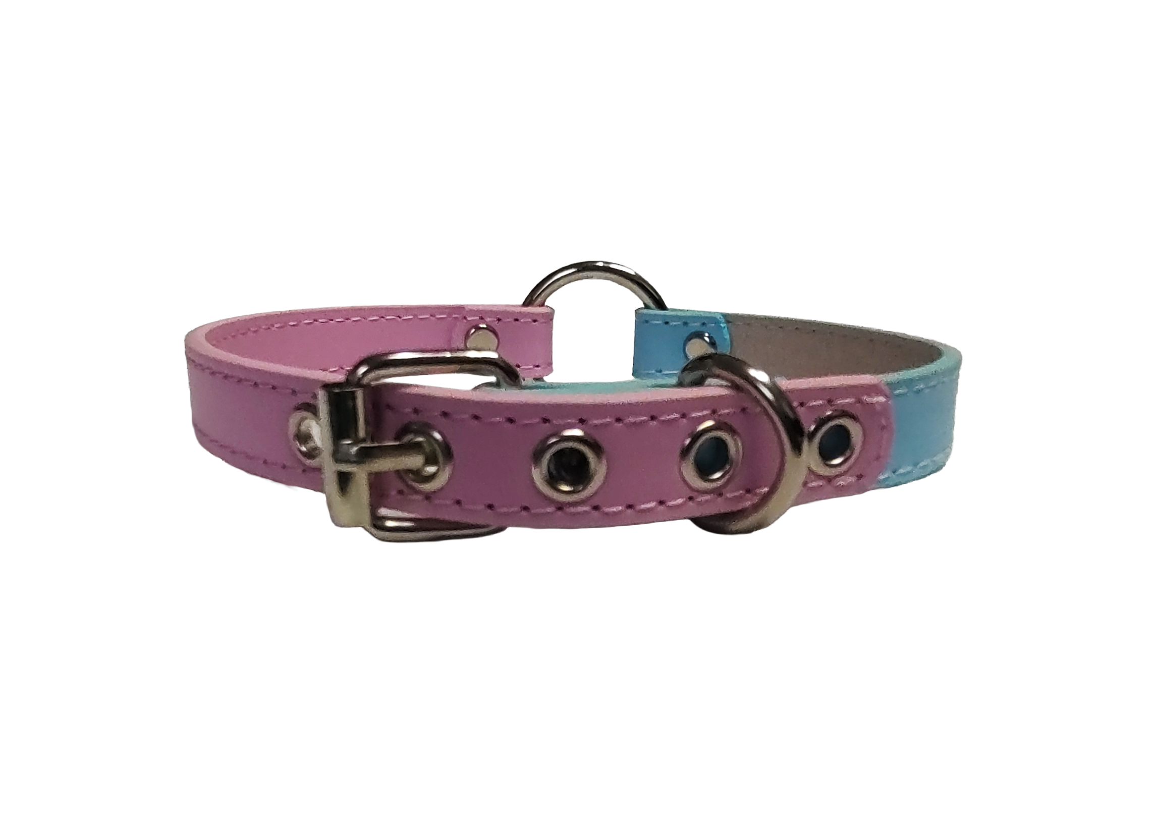 Pink and blue faux leather o ring collar back view