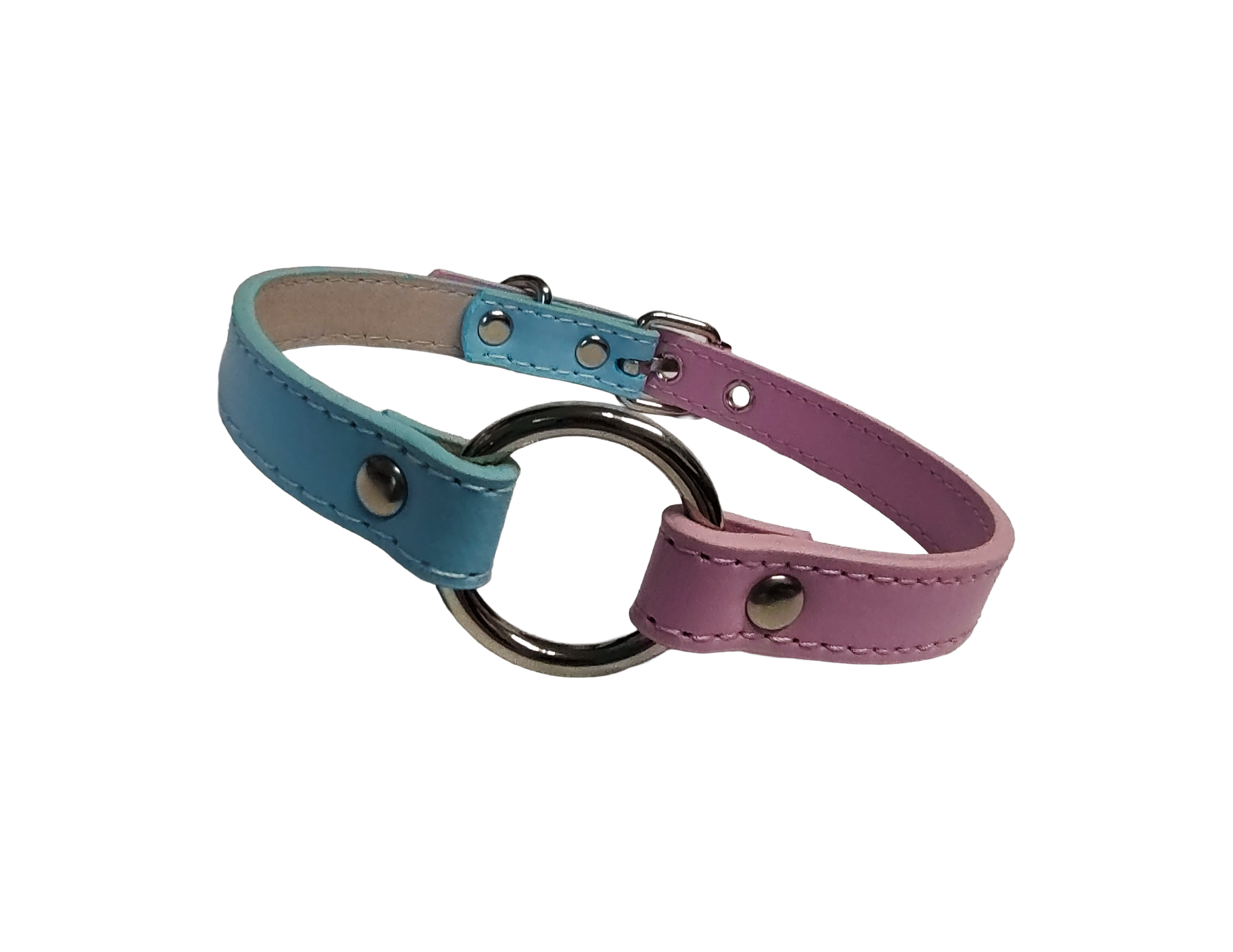Pink and blue faux leather o ring collar front view