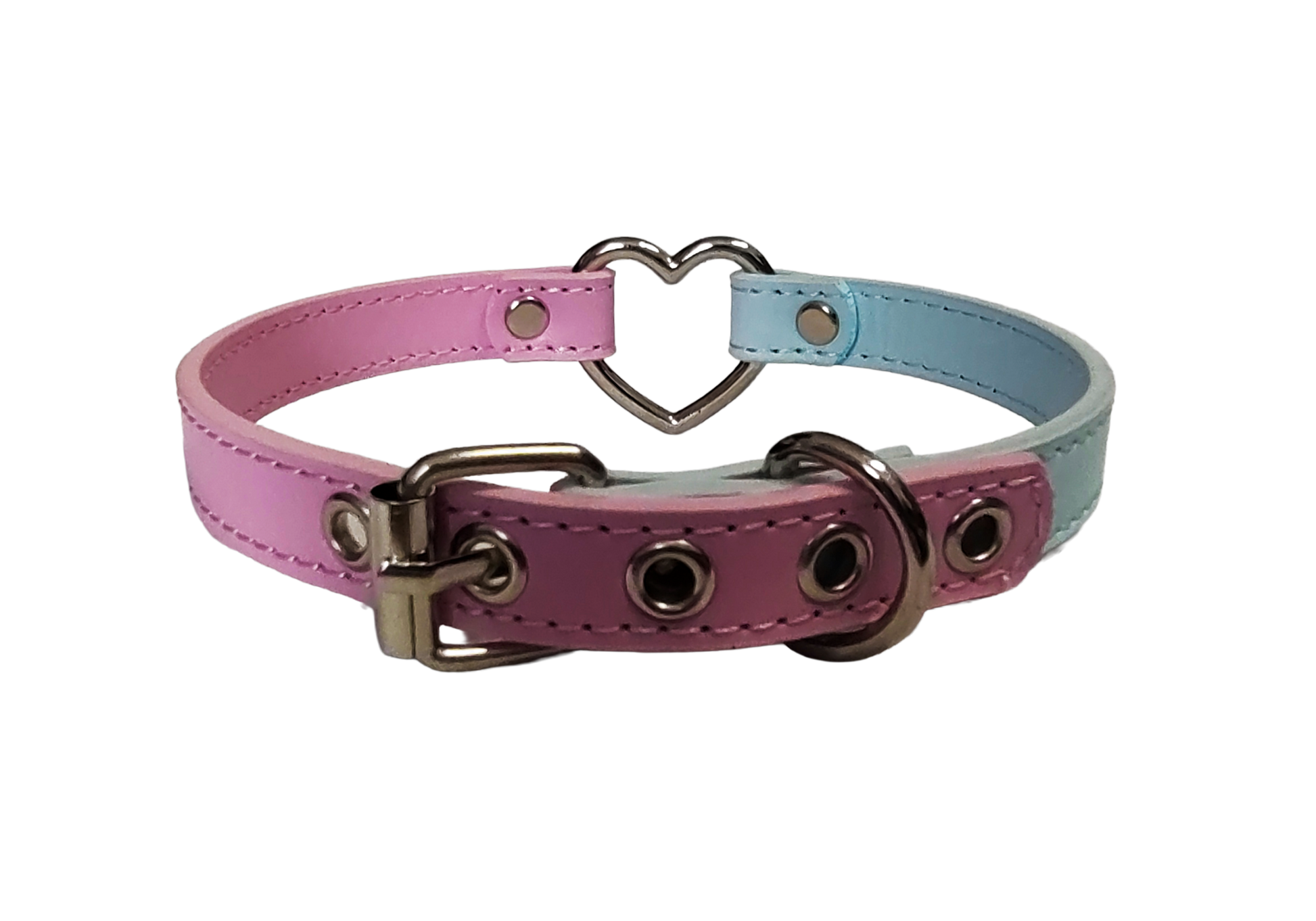 Pink and blue faux leather heart ring collar back view
